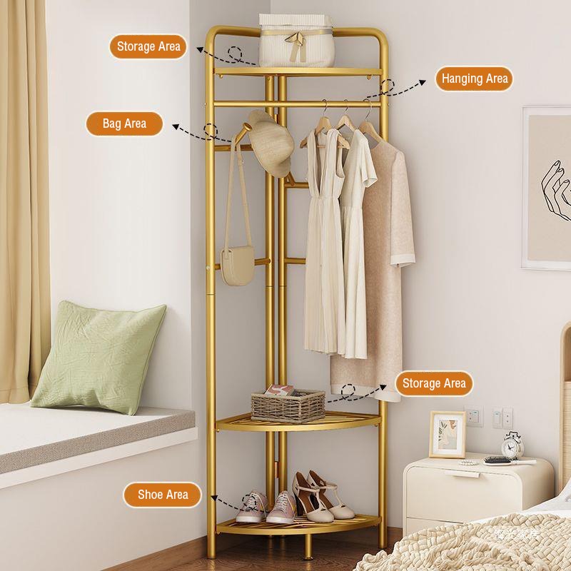 Shows the features of garment clothing rack. There's storage area above, then comes hanging area for clothes and bag or hat hanging area, then a storage area and a shoe area below.