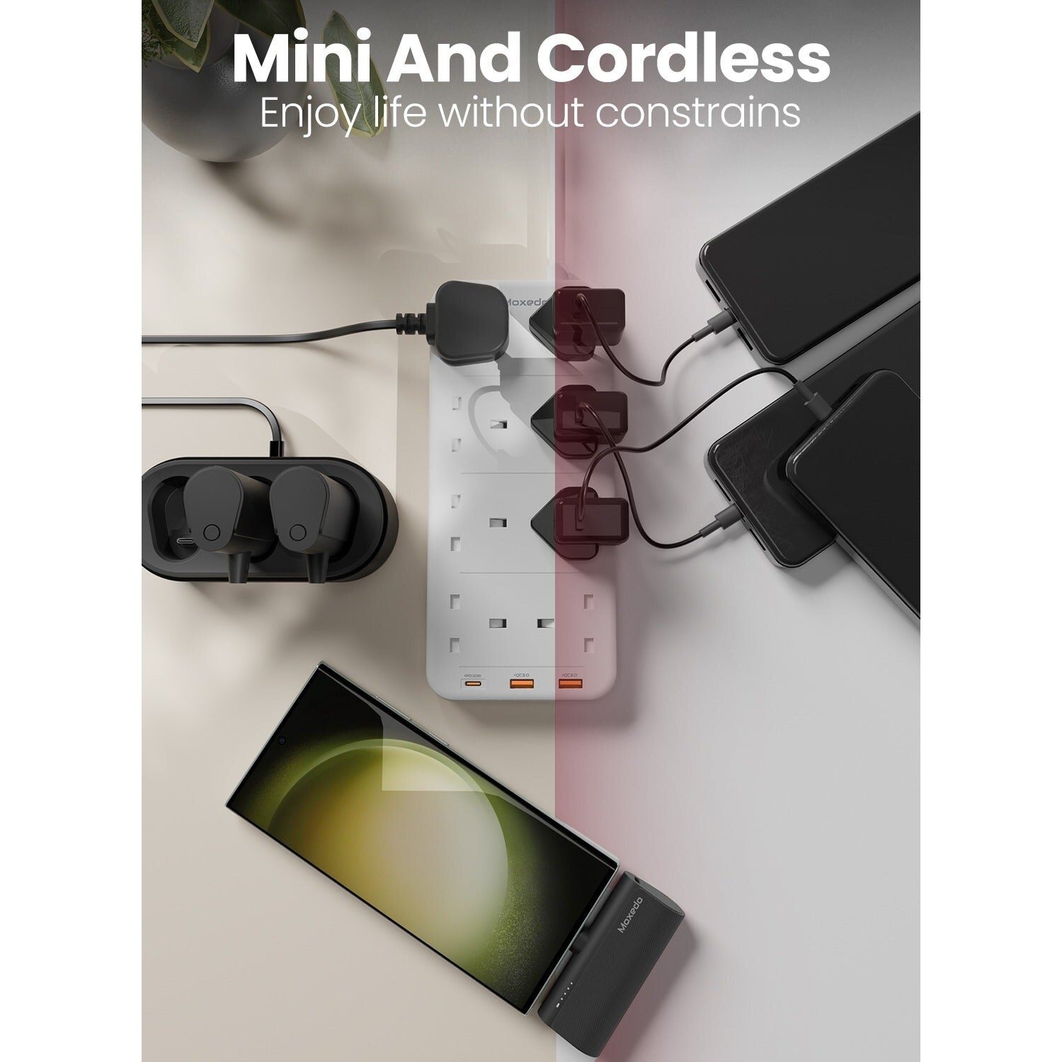 cordless powerbank is connected with a mobile by using Moxedo 3 in 1 3x 5000 mAh USB‐C Connector Power Bank