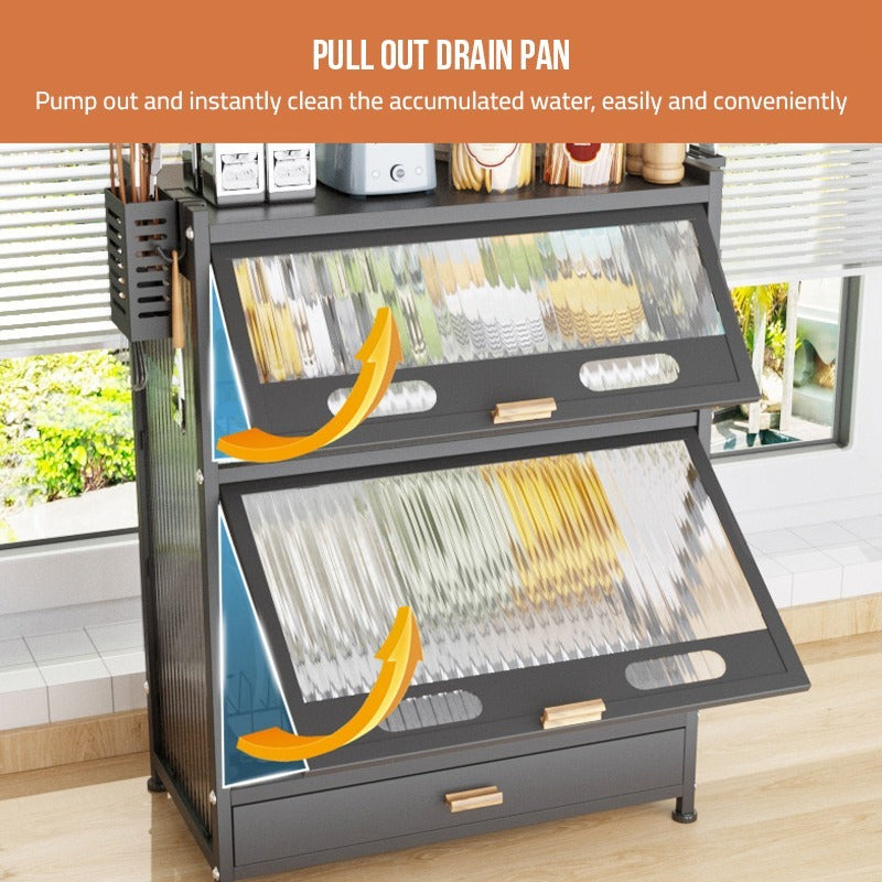 Kitchen Storage Rack Cabinet - Countertop Cutlery and Dish Organizer with Drawer for Utensils, and Cookware