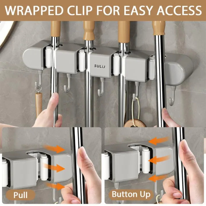 Wall Mounted Mop Holder Broom Hanger with Hooks for Bathroom and K