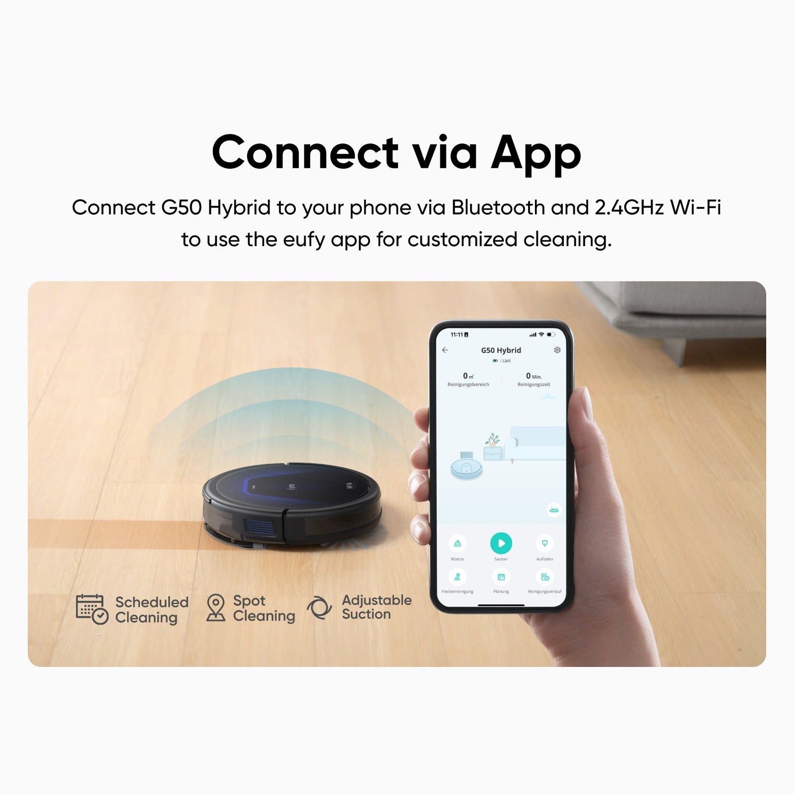 A Person is Connecting eufy G50 Hybrid Robot Vacuum & Mop to Mobile Phone Via App.