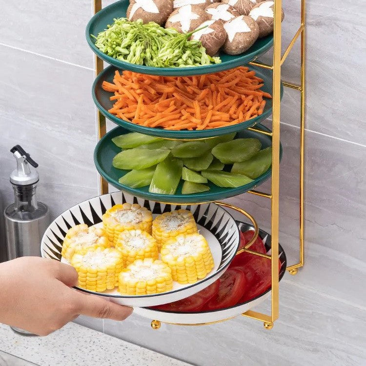 Someone is placing a plate into the Multi-Layer Wall Mount Kitchen Side Dish Storage Rack