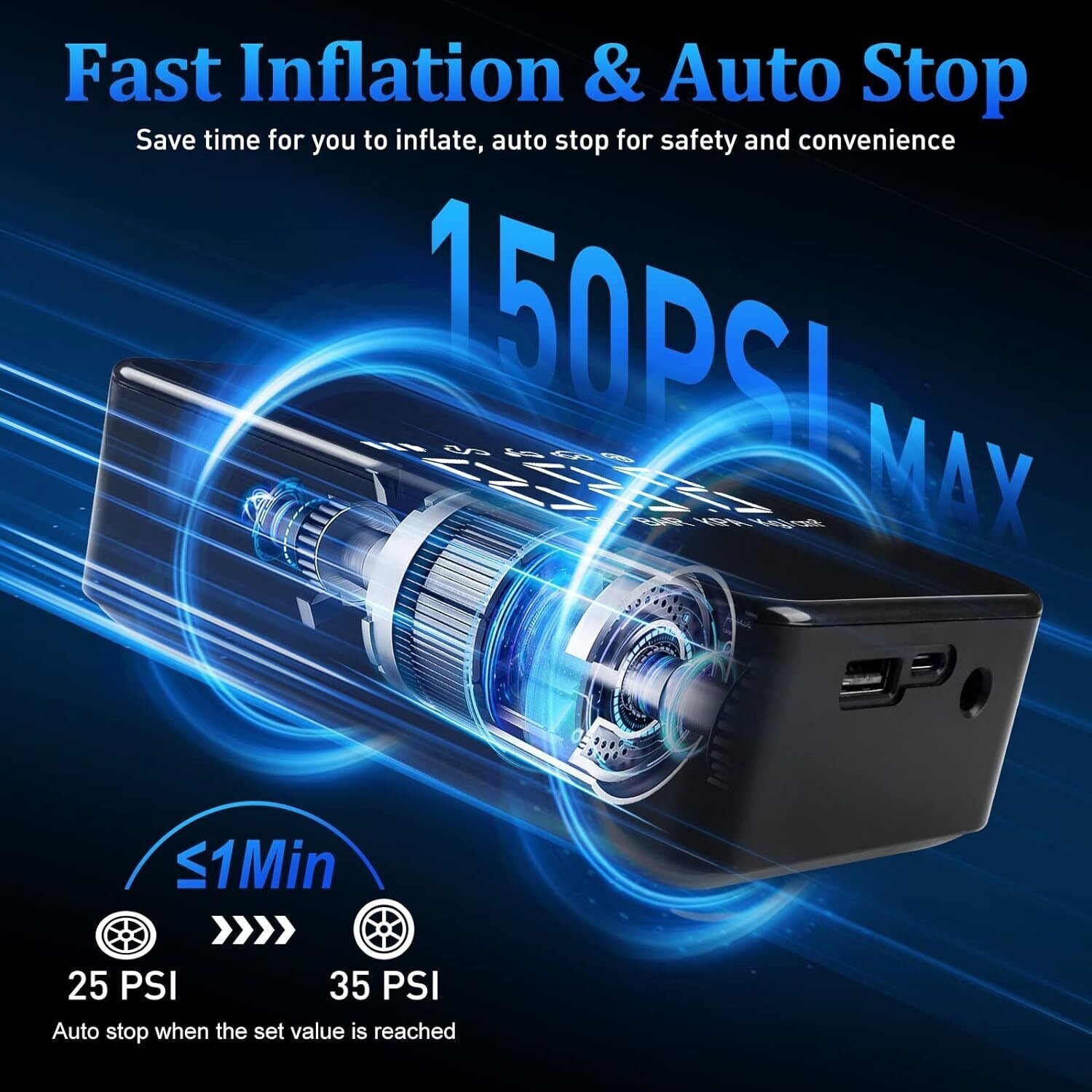 fast inflation & auto stop air compressor
