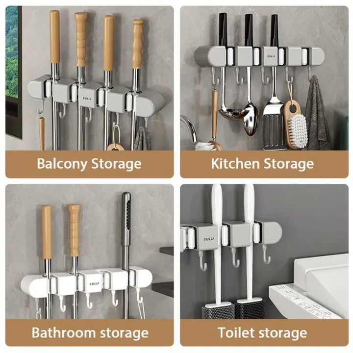 Wall-Mounted Mop Holder & Broom Hanger - with Hooks for Bathroom and Kitchen Organization