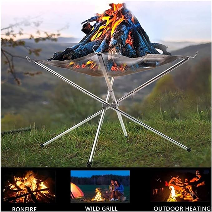 Folding Camping Fire Stand Rack with Fire.
