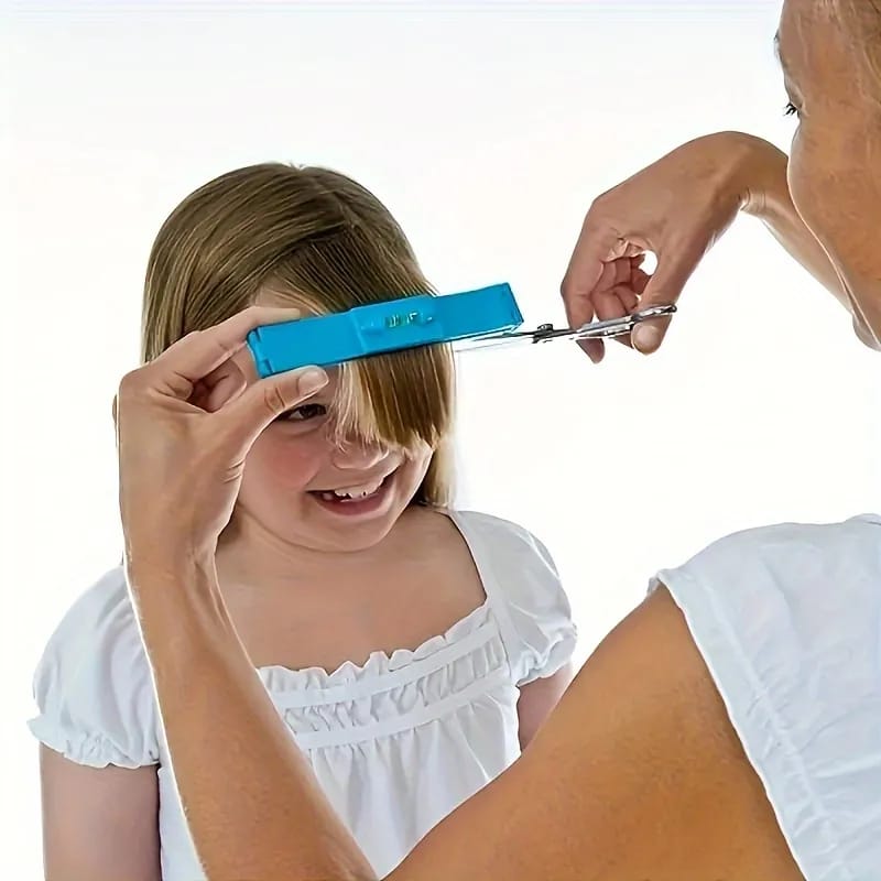A Mother is Cutting her Daugter's Hair using Fringe Cutting Tool.