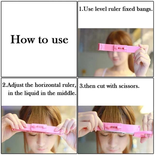 A Girl Demonstrates Usage Instruction of  Hair Cutting Tool For Bangs.