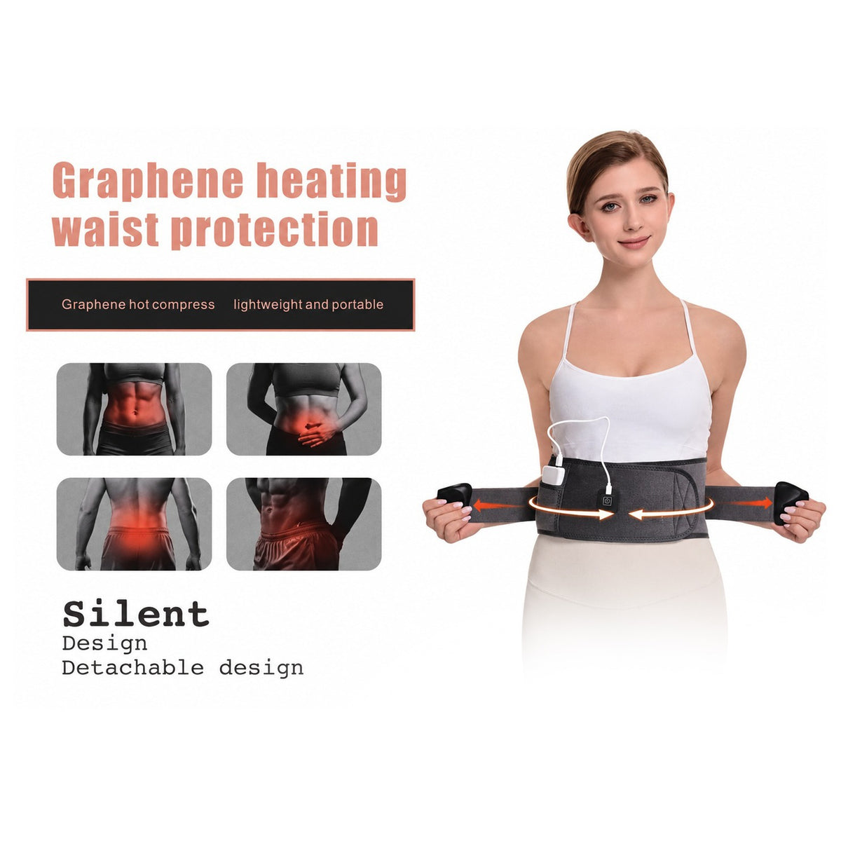 Woman wearing a graphene heating waist protection device with product features highlighted.