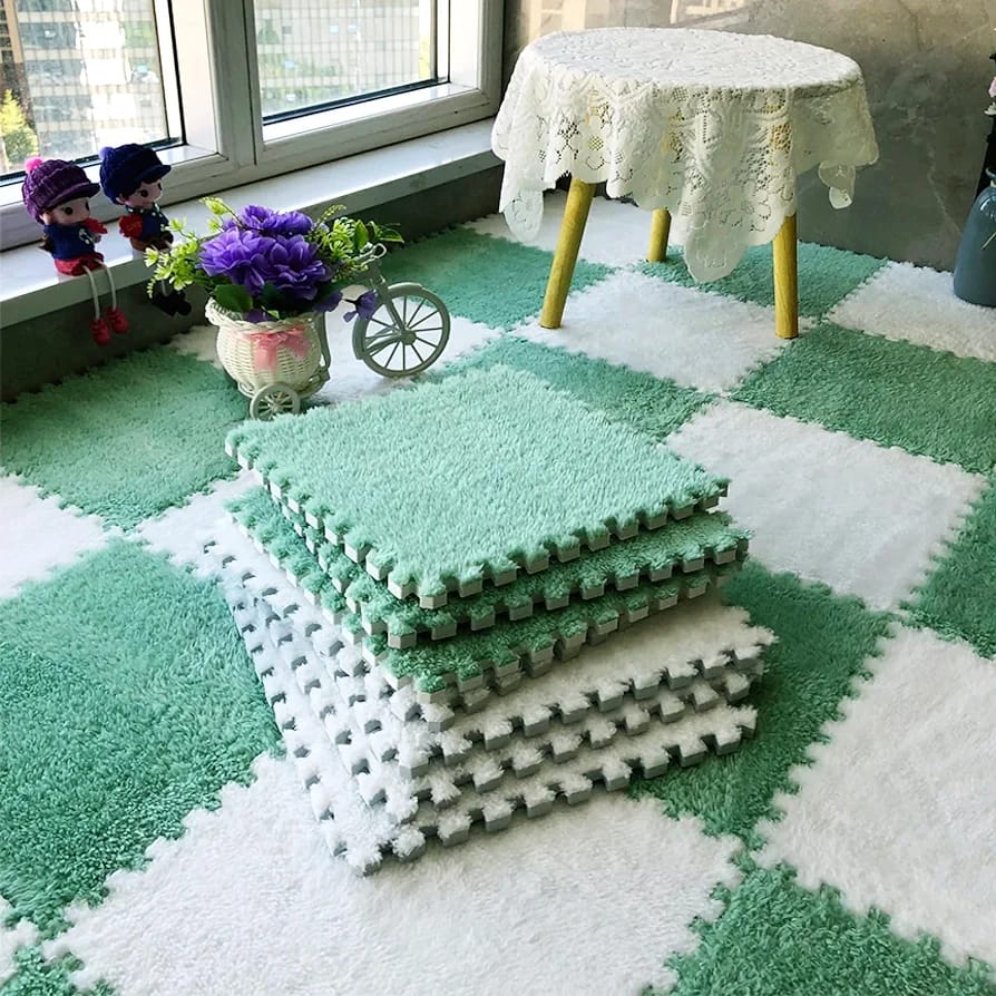 Green and White Carpet Tile Floor Mat.