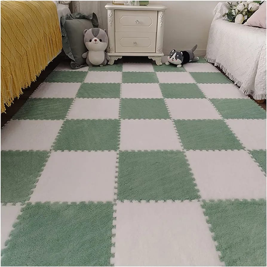 Green and White Carpet Tile Floor Mat.