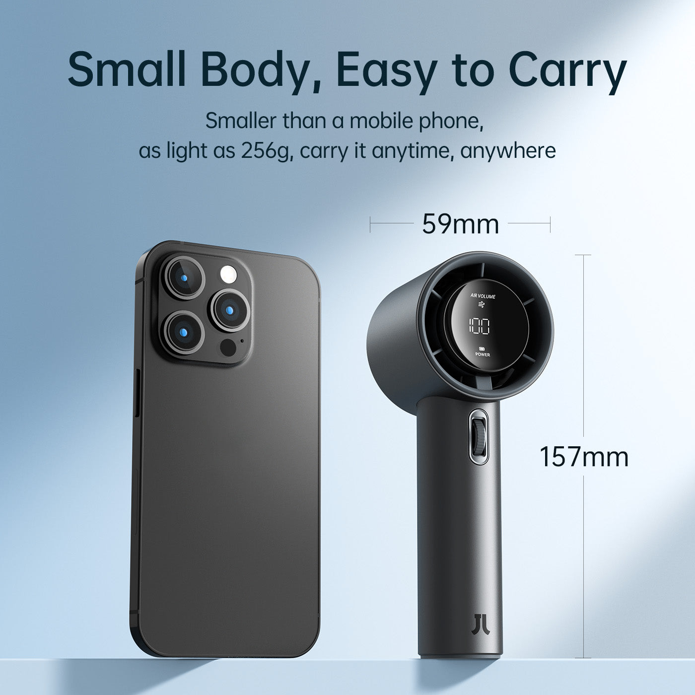 Black JisuLife Handheld Fan Pro1 S next to a smartphone with dimensions displayed on a light blue background