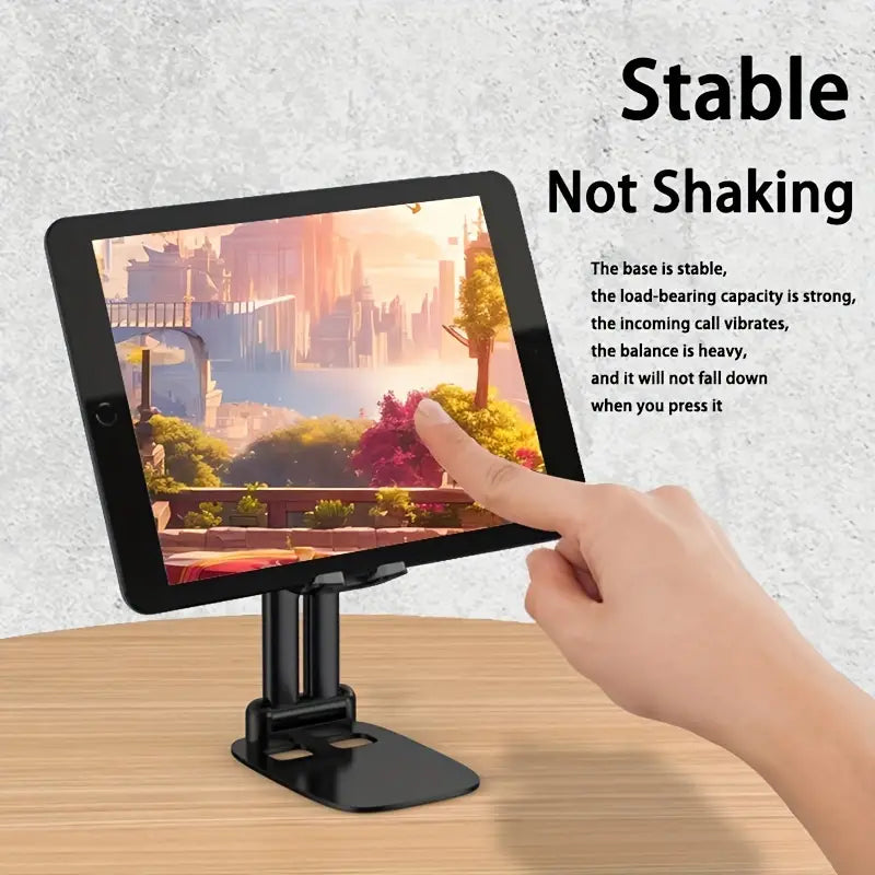 A Person Using Tablet Placed on Adjustable Mobile Phone Holder.