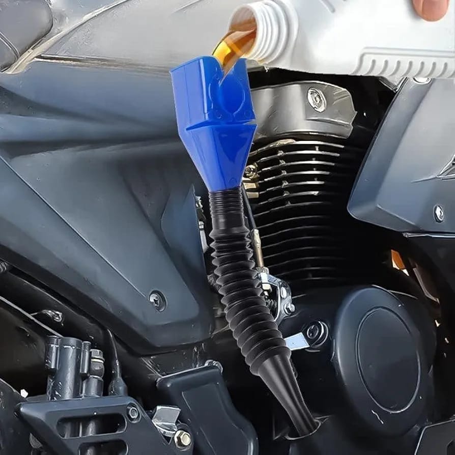 A Person is Filling Fuel Using Foldable Hose Tool.