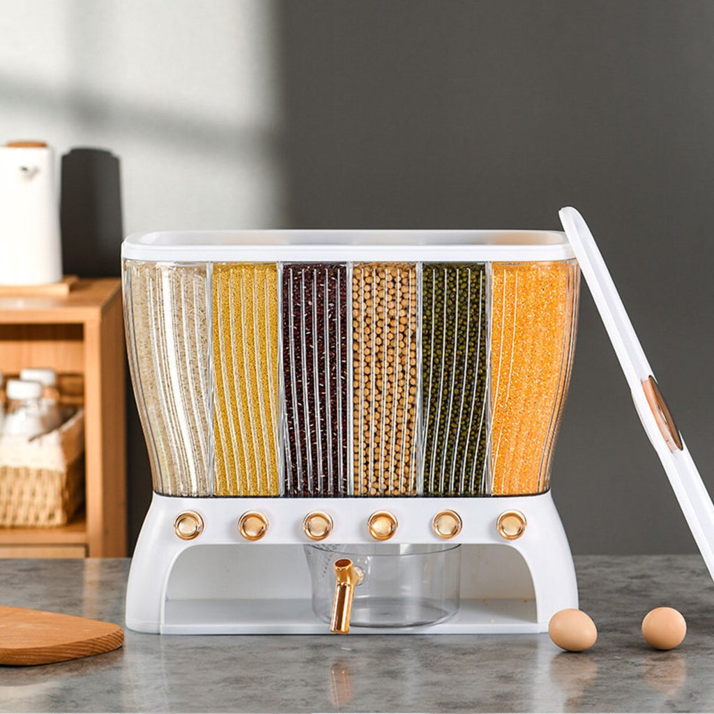 6 Grids ~12 Kg Rice Bucket Grain Organizer, Press-type Rice Storage Dispenser 6 Grids ~12 Kg Rice Bucket Grain Organizer, Press-type Rice Storage Dispenser