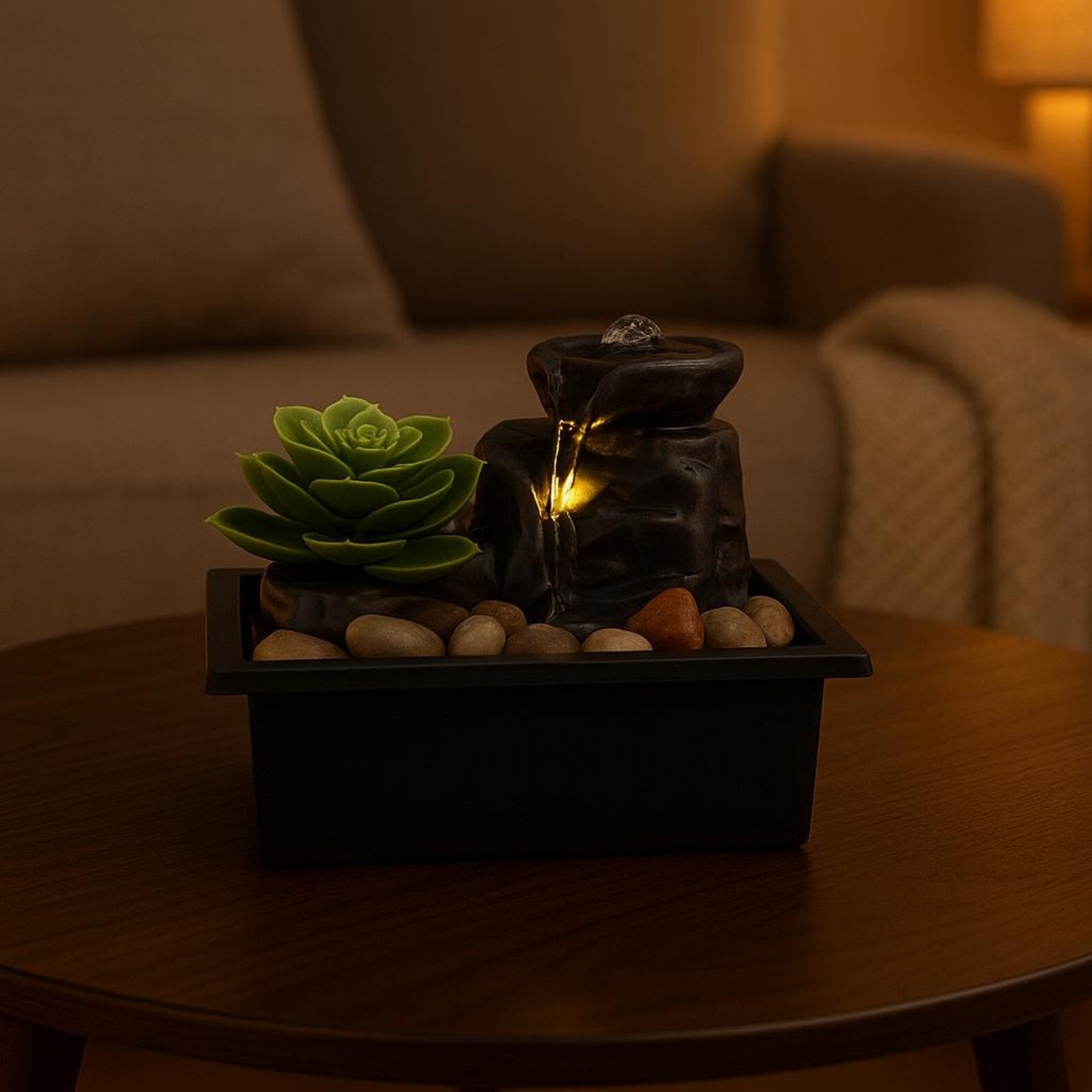 نافورة مياه للطاولة بحجارة طبيعية، ديكور منزلي داخلي مع إضاءة 