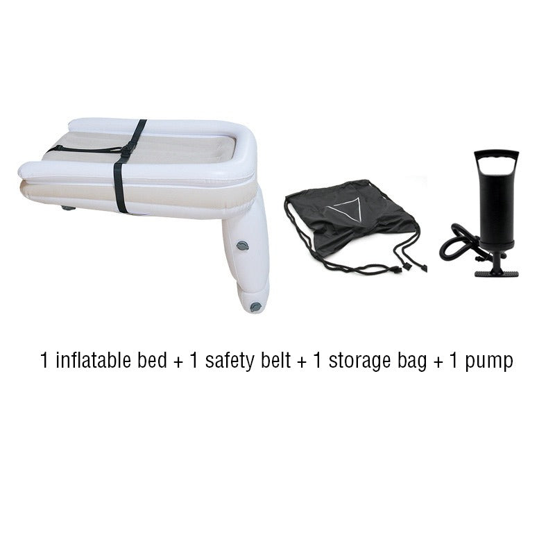 1 inflatable bed + 1 safety belt + 1 storage bag + 1 pump- baby air travel bed