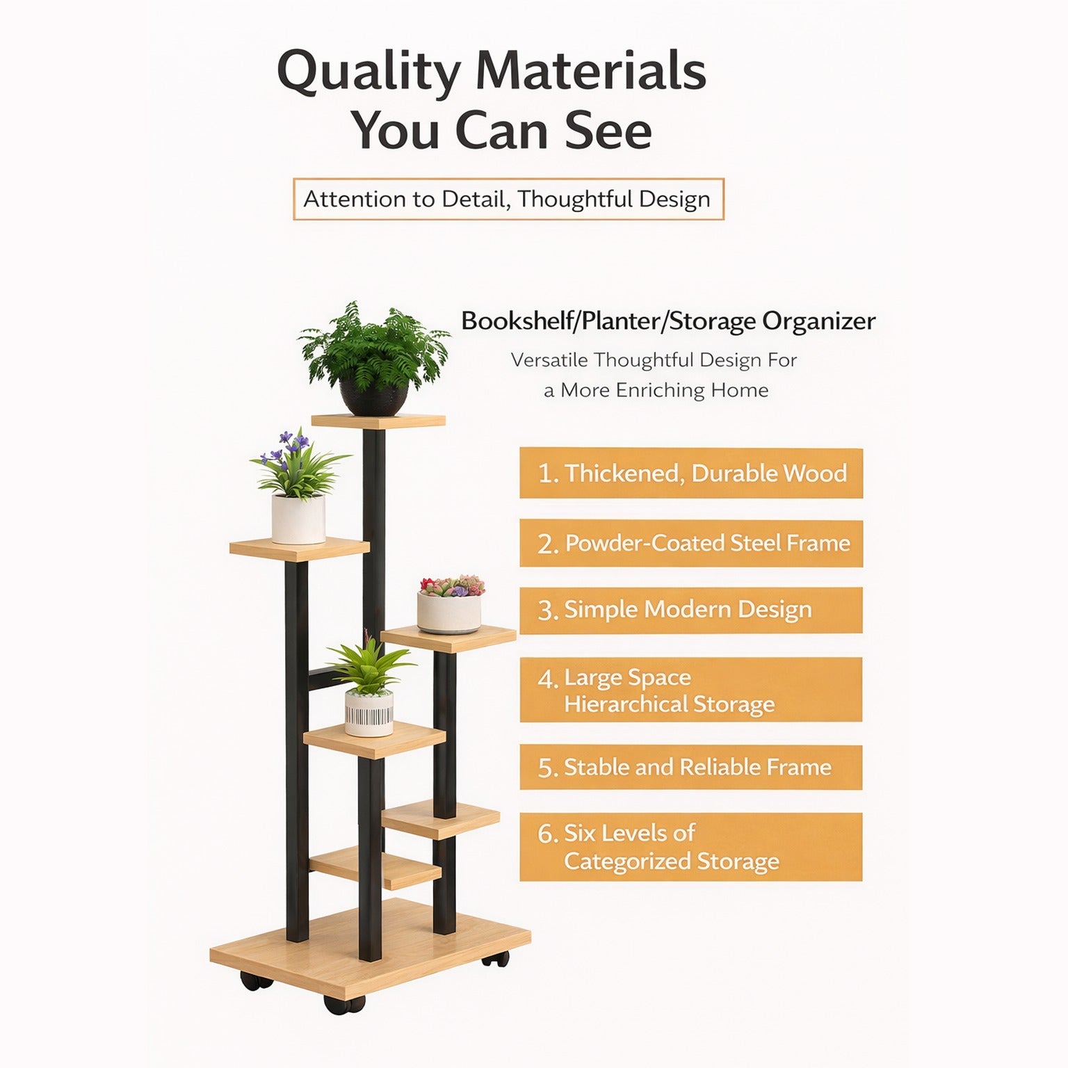 multi-tier indoor plant stand with four staggered shelves displaying different potted plants.