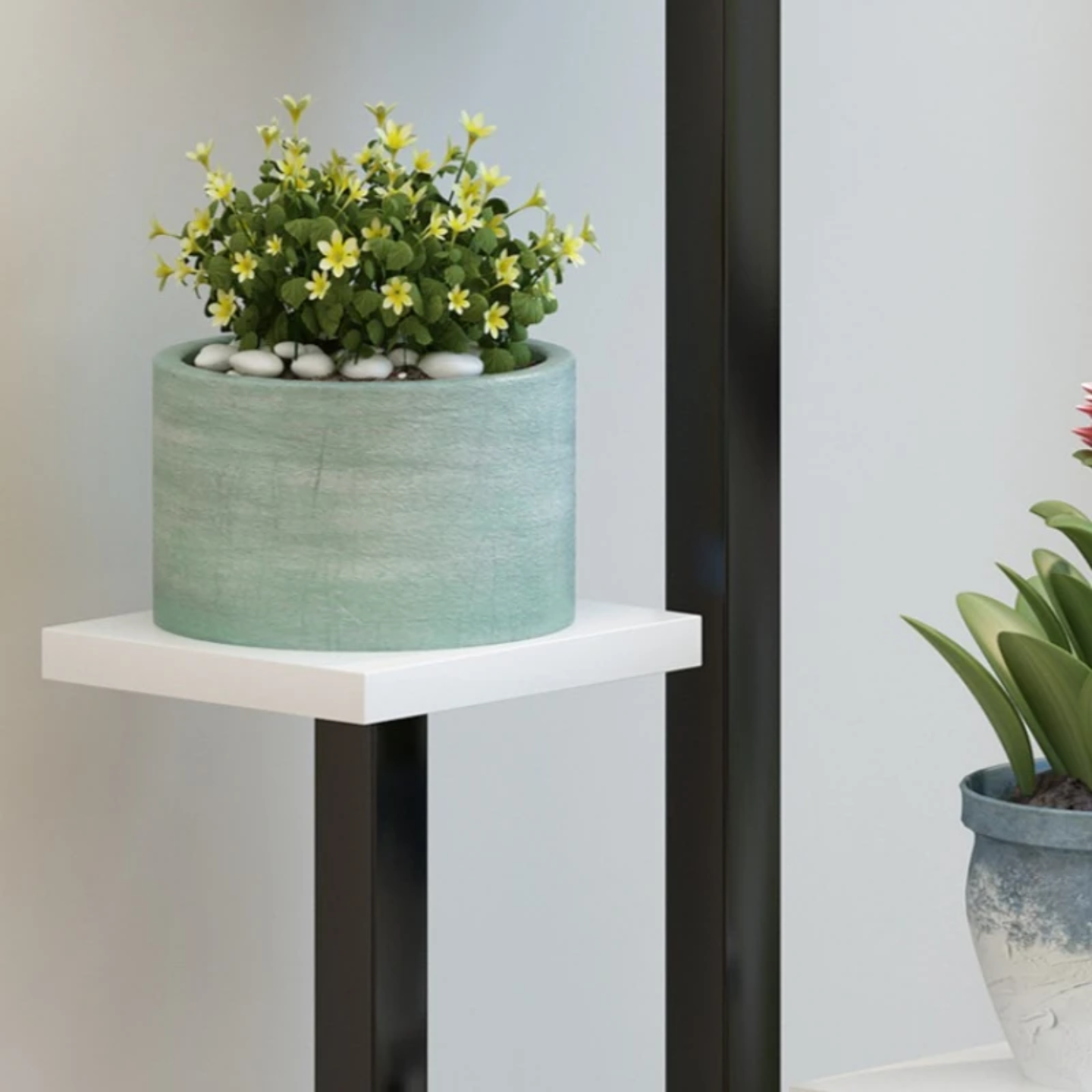 Stand of multi-tier indoor plant stand  displaying potted plant.