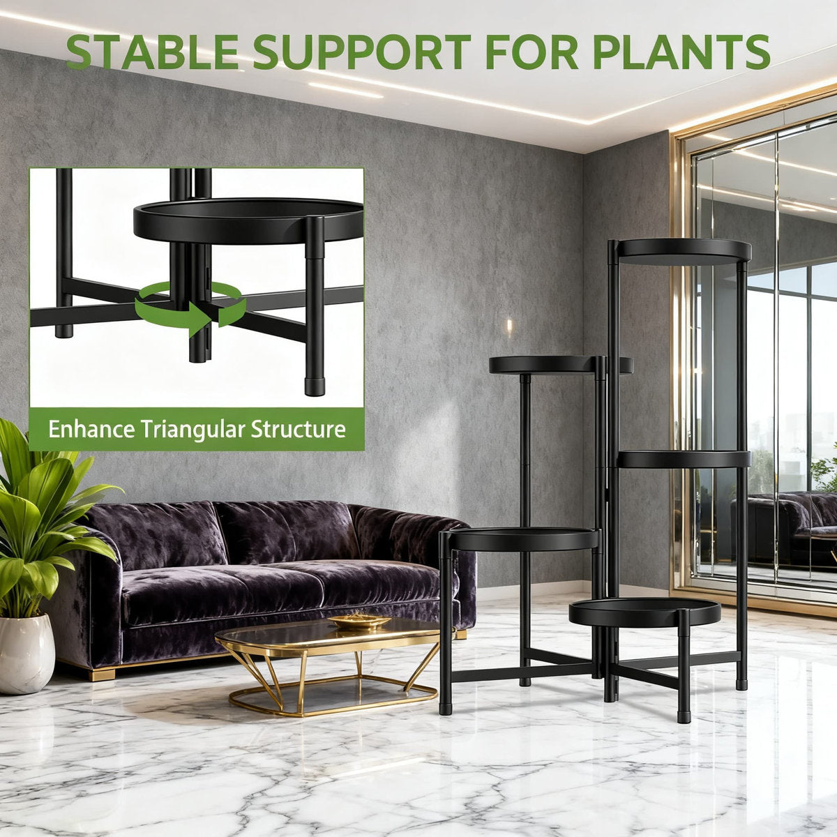 Creative multi-tier metal plant stand with black round shelves, placed beside a sofa in a living room