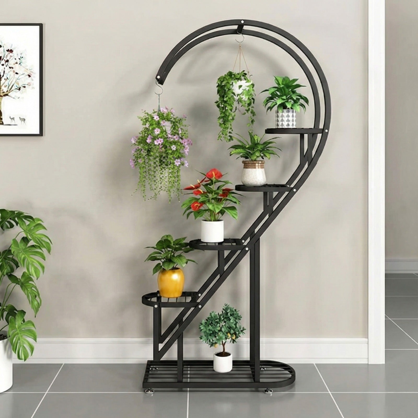 multi-tier plant stand with curved spiral design, featuring multiple shelves and hanging hooks displaying indoor potted plants and hanging planters.