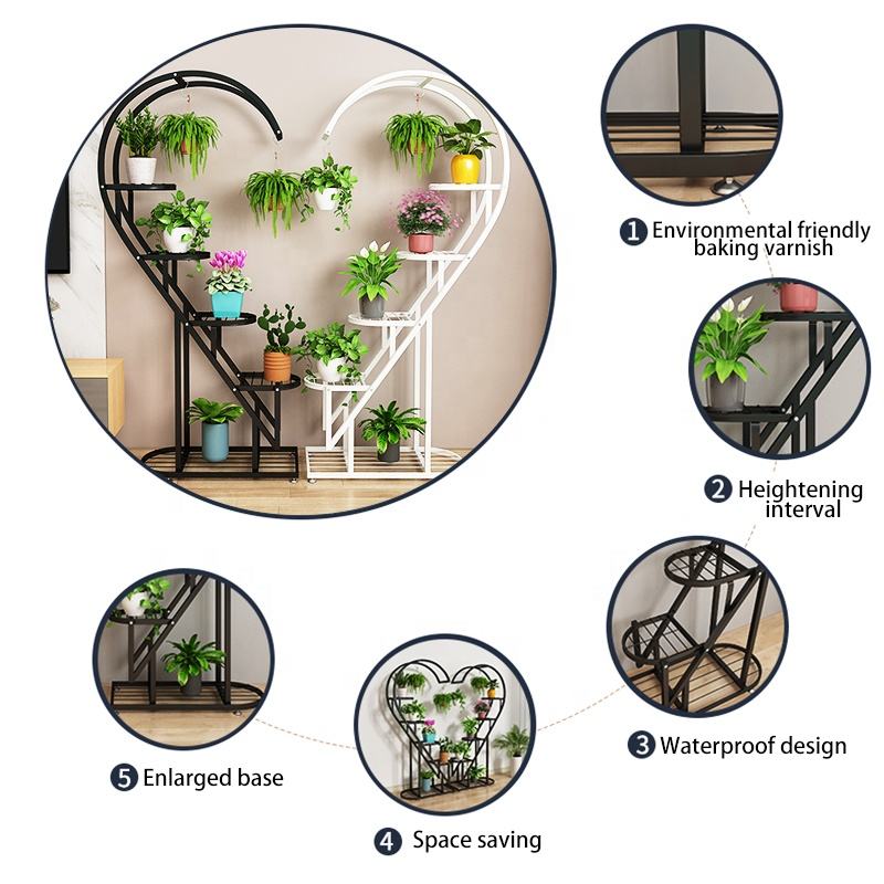 Design Features of multi-tier plant stand with curved spiral design, featuring multiple shelves and hanging hooks displaying indoor potted plants and hanging planters.
