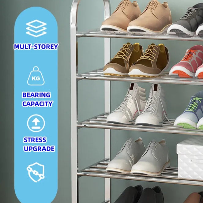 Multi-Layer Stainless Steel Shoes Rack with Shoes Are Arranged On it.