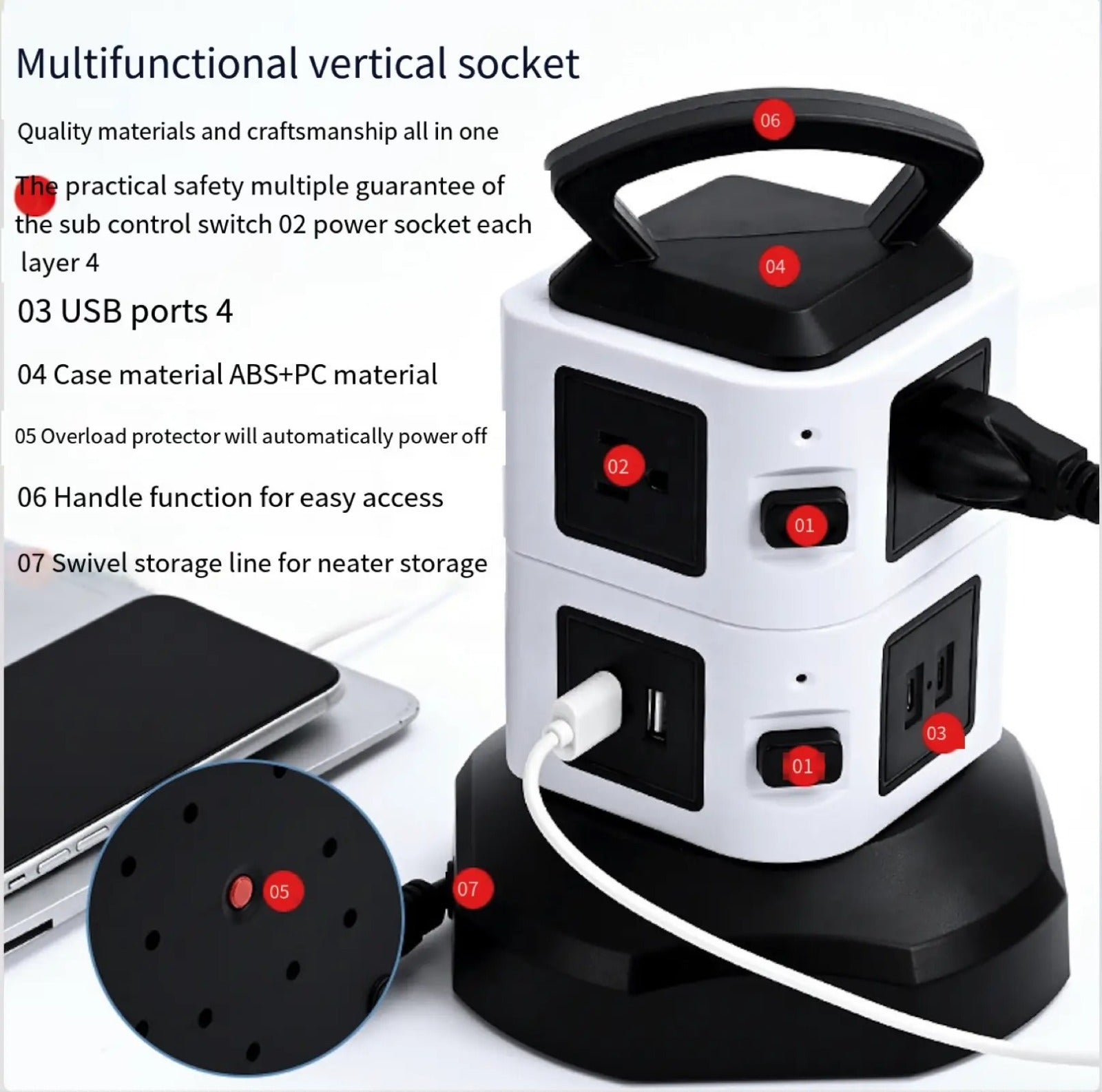 Vertical Socket Power Strip Surge Protector Extension with USB Ports