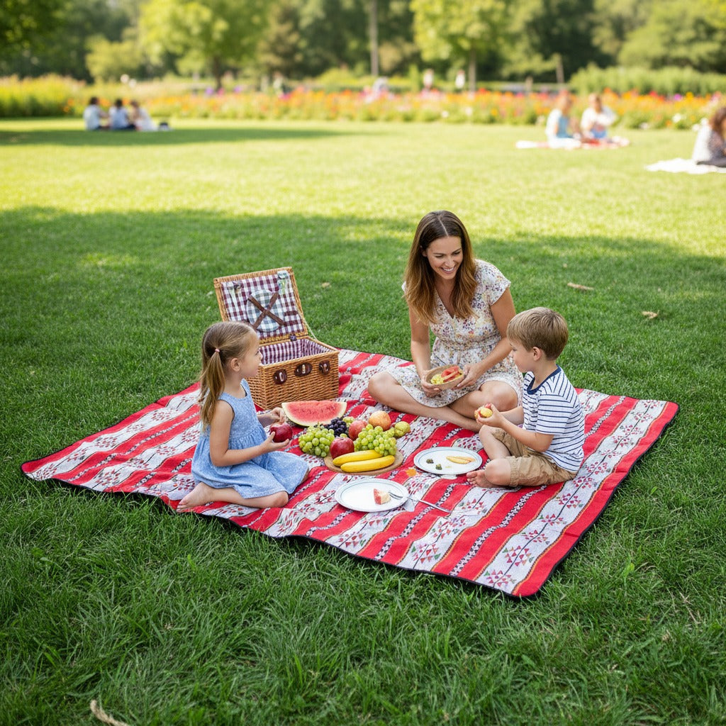 Family enjoying a picnic on an outdoor picnic mat in a park.