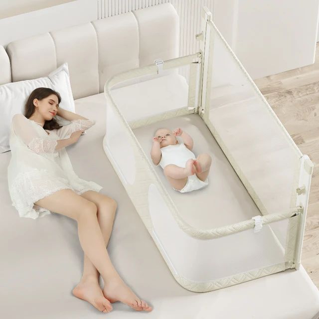 mommy sleeping peacefully by keeping her baby safe in Guard Rail Crib for Toddlers