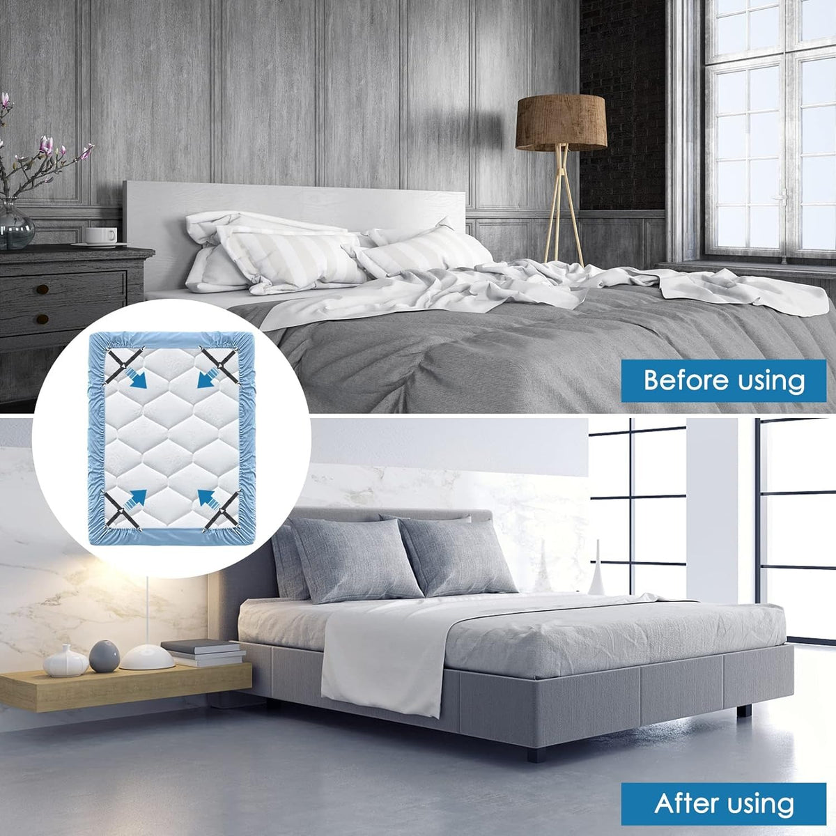 before amf after of Triangle Elastic Suspenders with Gripper Clips for Bedsheets, Mattresses