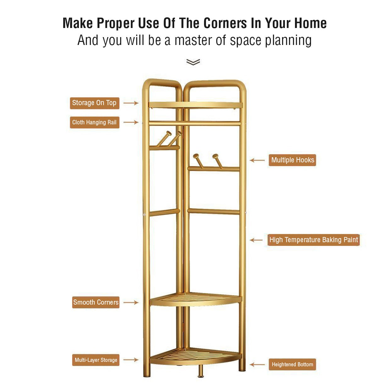 Picture tells the proper use of the corners in home so that you will be a master of space planning. Then tells us about the feature of hanging rack- Storage on top, cloth hanging area, multiple hooks, high temperature baking paint, smooth corners, multiple layer storage, hightened bottom. 