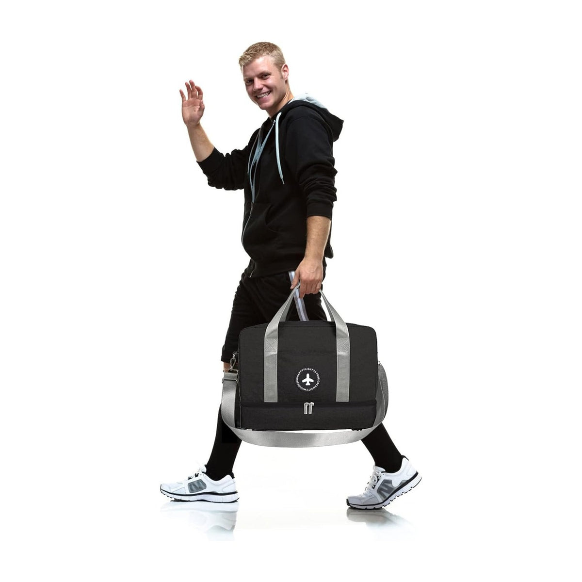 man waving his hand to someone and on the other hand there is Gym Bag with Wet/Dry Separation