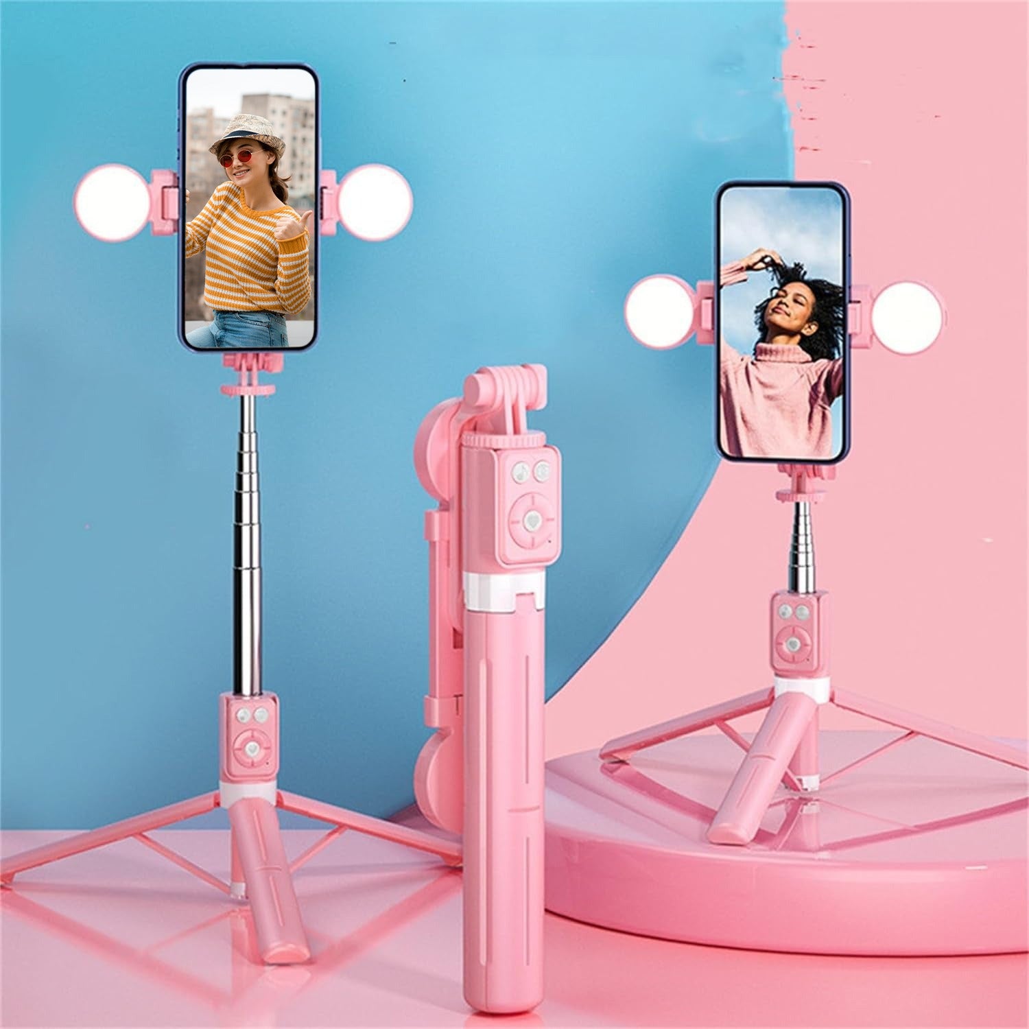 Pink Selfie Stick holding mobile phones.