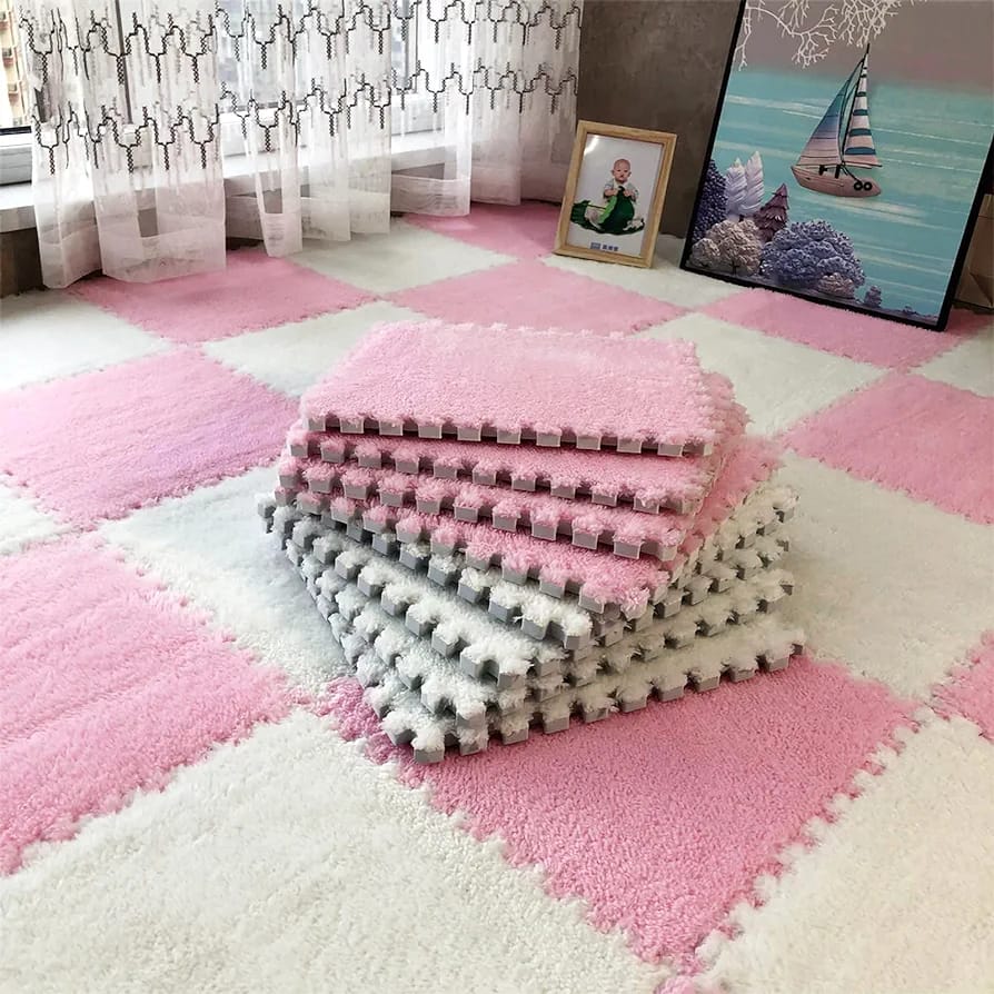 Pink and White Carpet Tile Floor Mat.