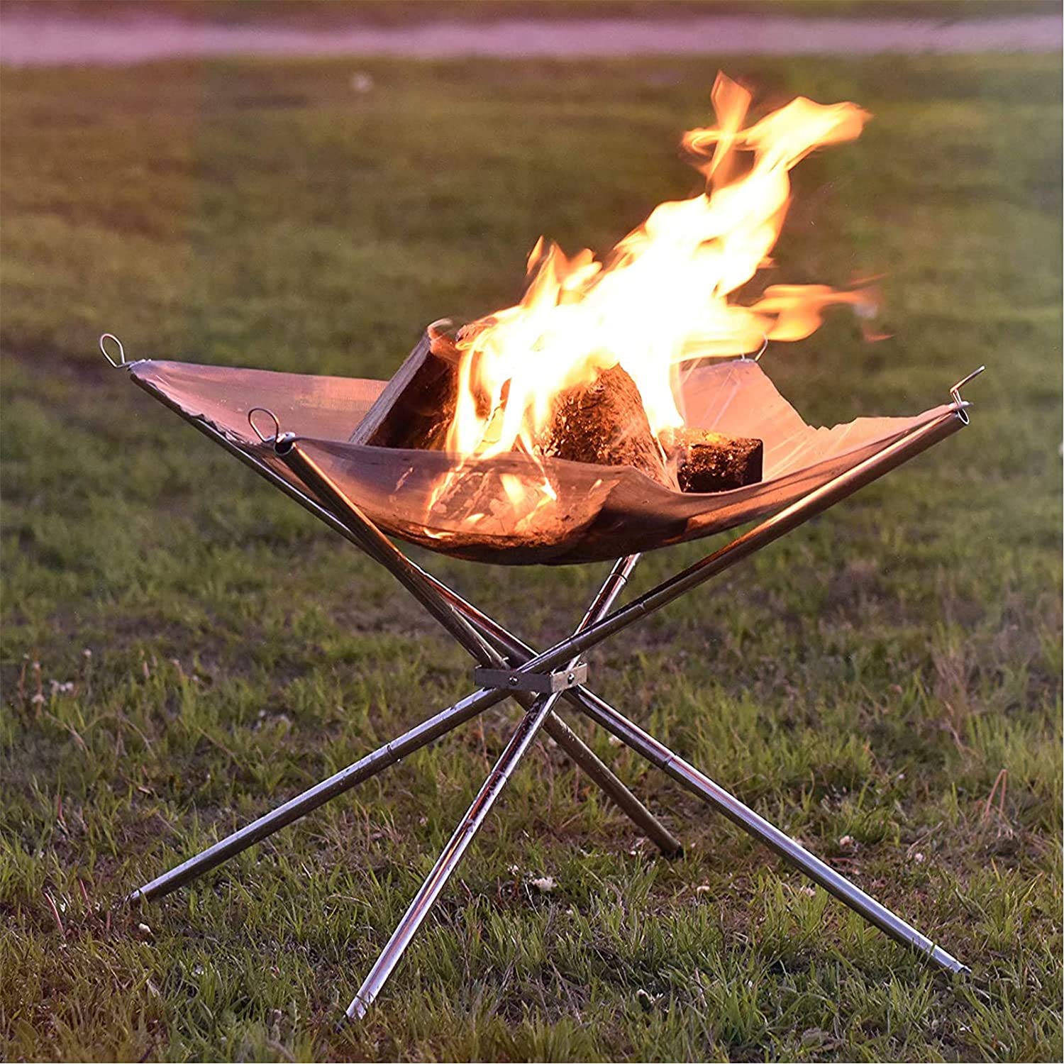 Stainless Steel Fire Pit With Fire.