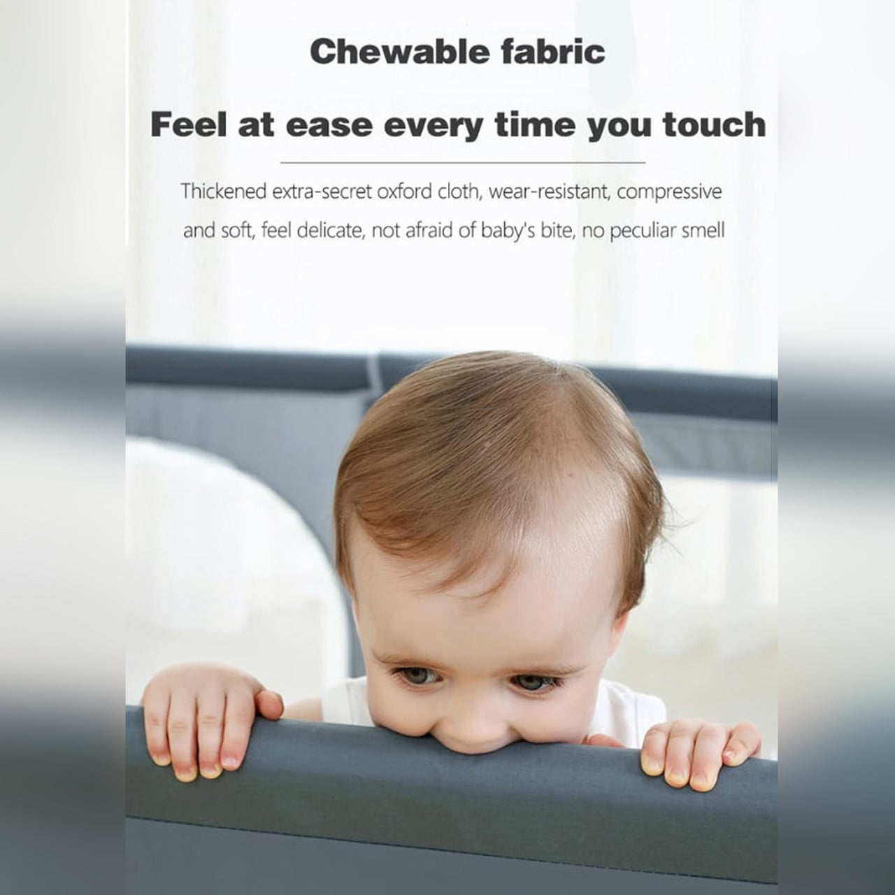 A Baby Chews the Fabric of Baby Playpen.
