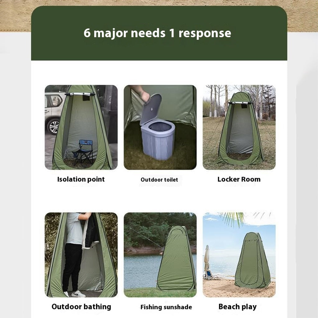Multi-usage of pop-up privacy tent for outdoor camping, designed for changing clothes, showering, or toilet use in the forest or beach areas.