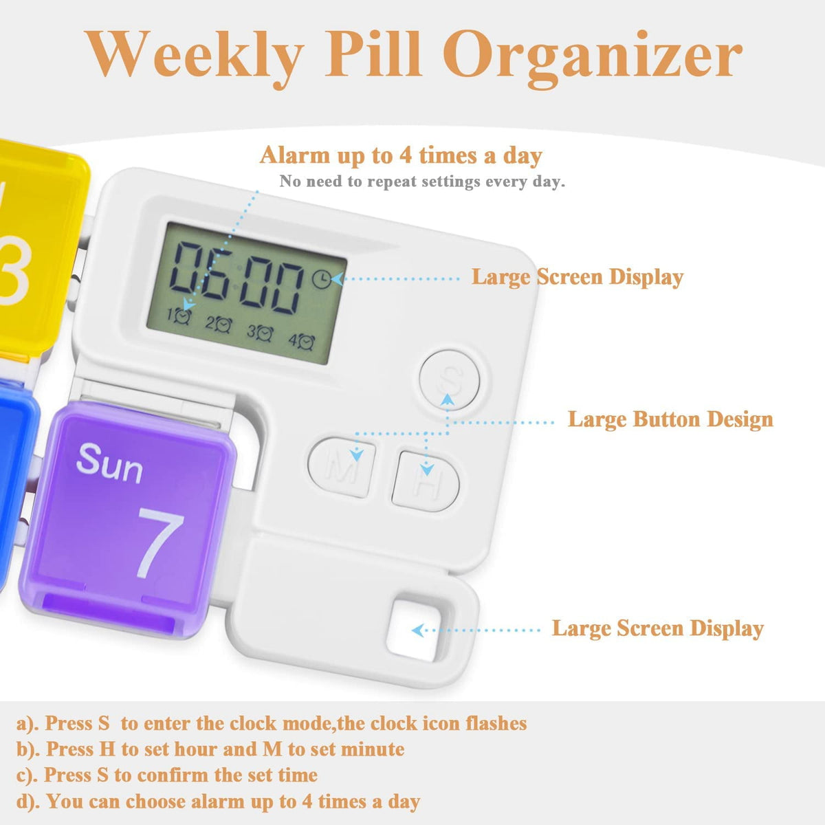 Parts Details of portable alarm pill box with weekly compartments.