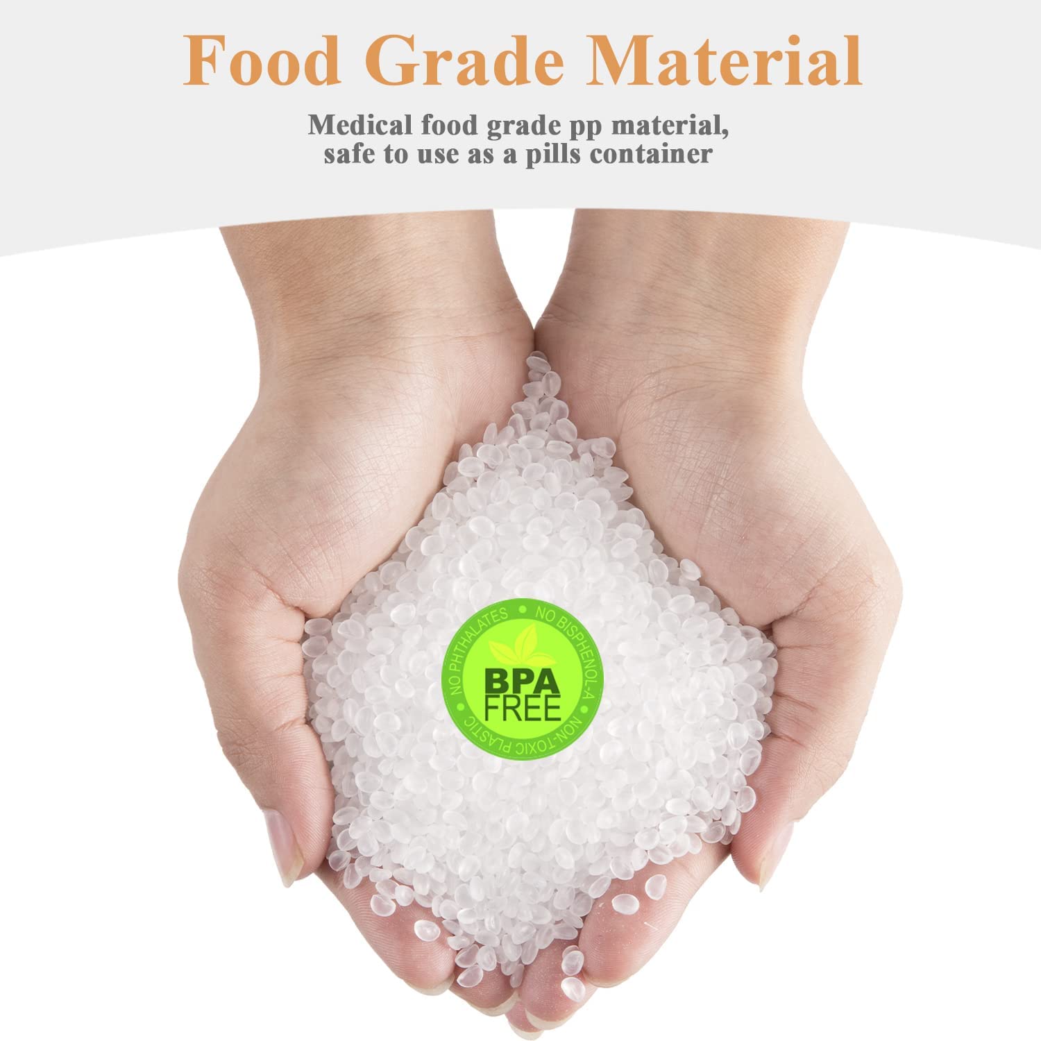 Hands holding food-grade PP plastic pellets labeled BPA free, highlighting the safe material used to manufacture the portable alarm pill box pill organizer.