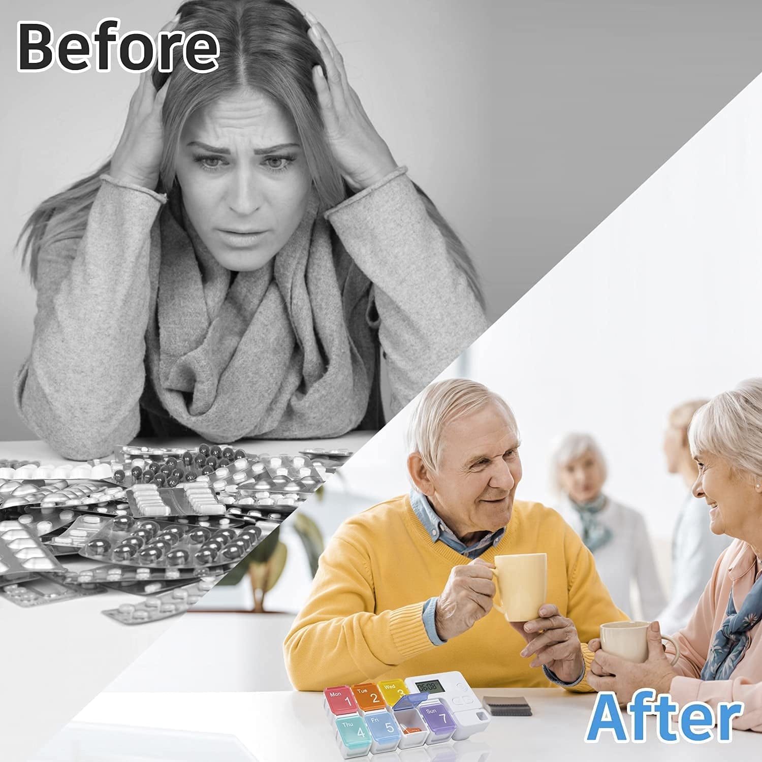 Before and after comparison showing a stressed woman with scattered medication packs versus an elderly couple using a portable alarm pill box with weekly compartments and reminder timer.
