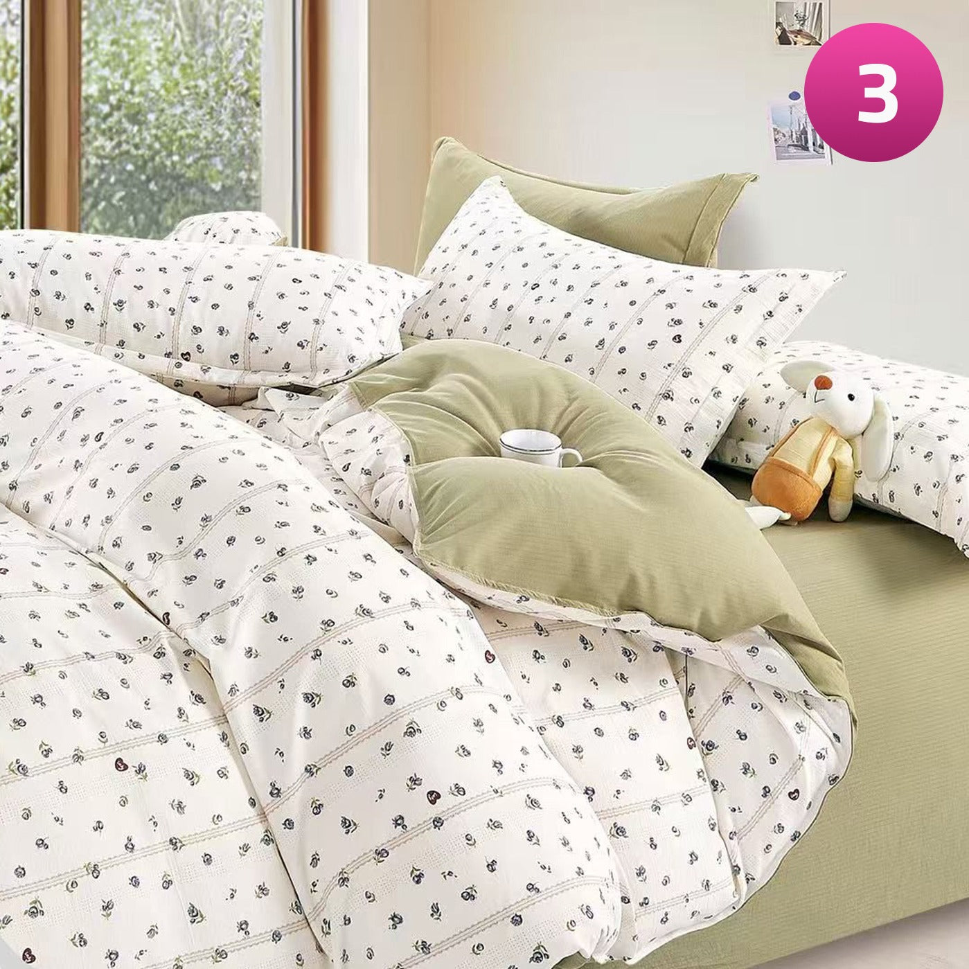 6-piece bedding set with floral comforter, fitted sheet, and pillow covers on a king bed.