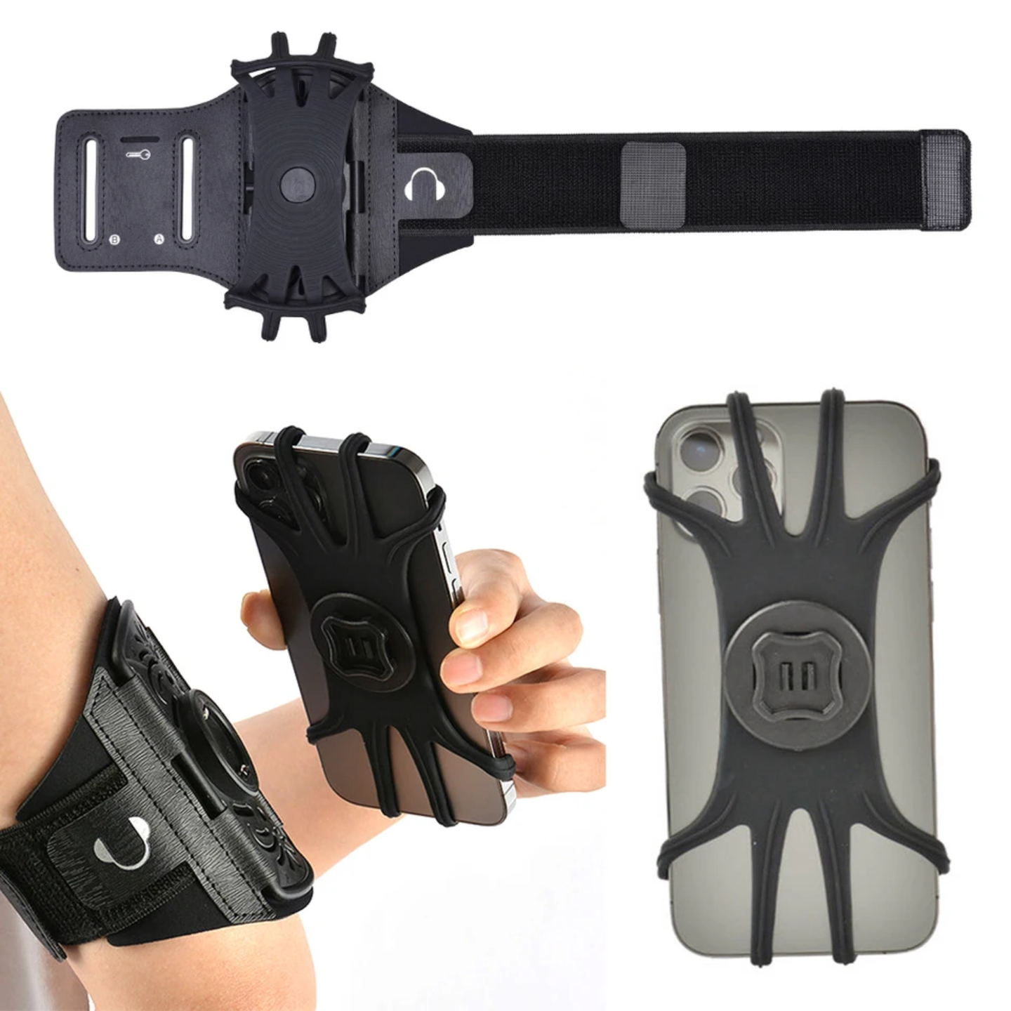 A person is wearing a sports armband phone holder on their upper arm while detaching the phone from the mount.