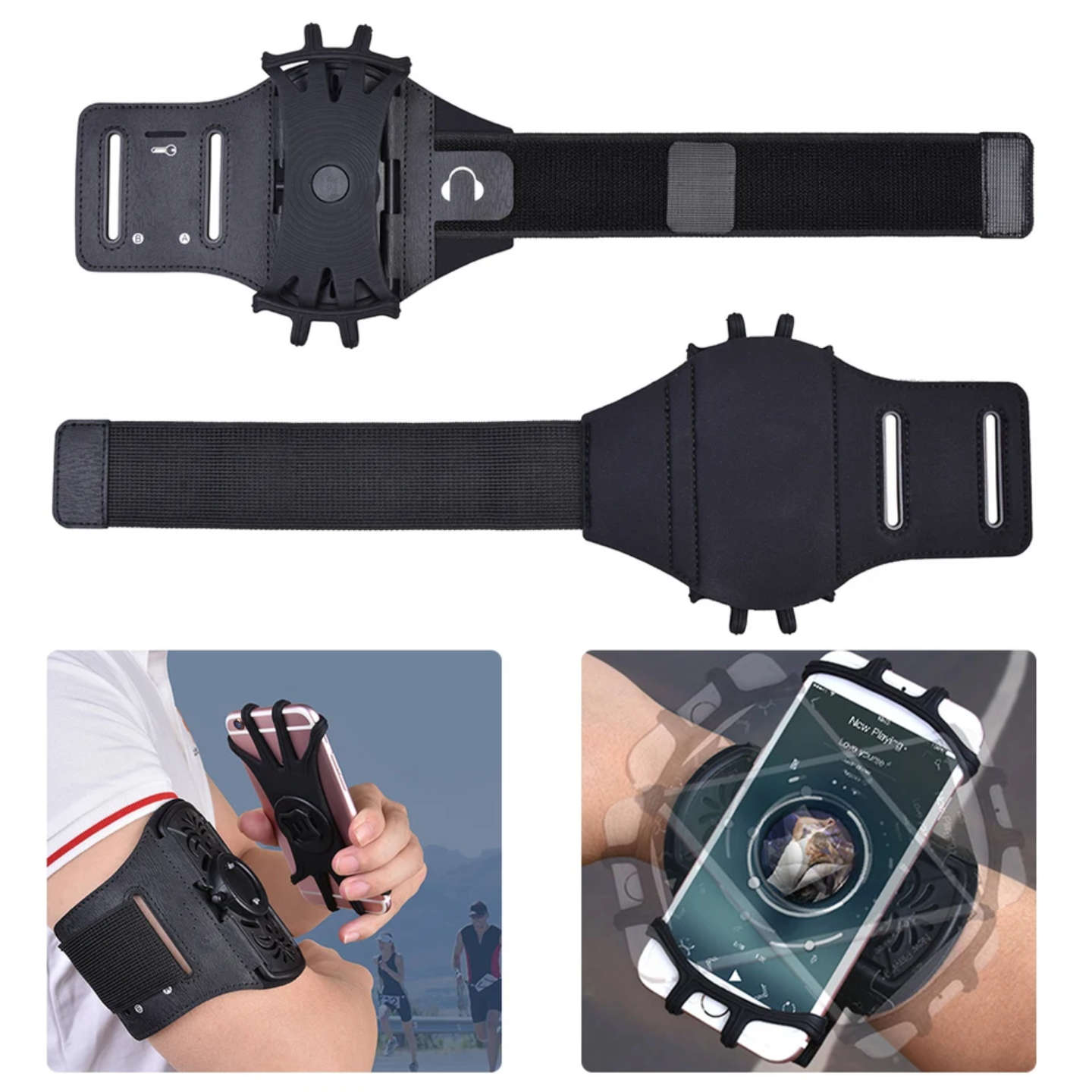 A person is wearing a sports armband phone holder on their upper arm and detaching the phone from the mount
