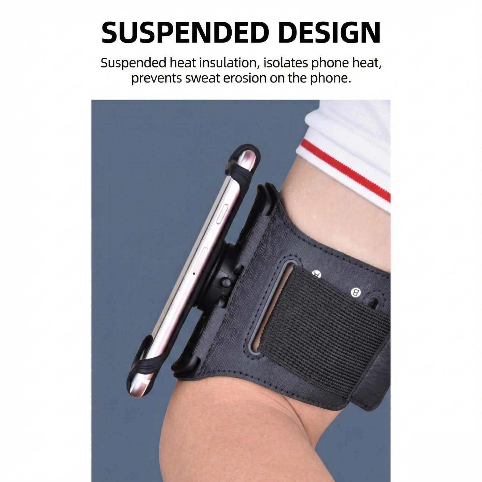 A person is wearing a sports armband phone holder on their upper arm while attaching the phone on the mount