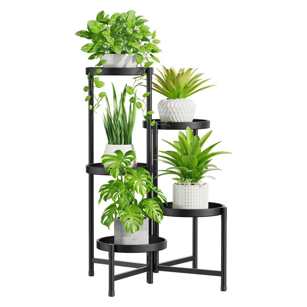 Creative multi-tier metal plant stand with black round shelves, holding multiple indoor potted plants.