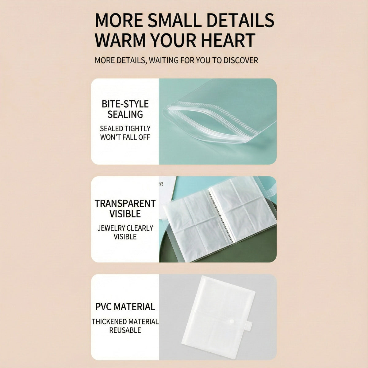 Design details of a  transparent jewelry storage book with multiple clear pocket sleeves.