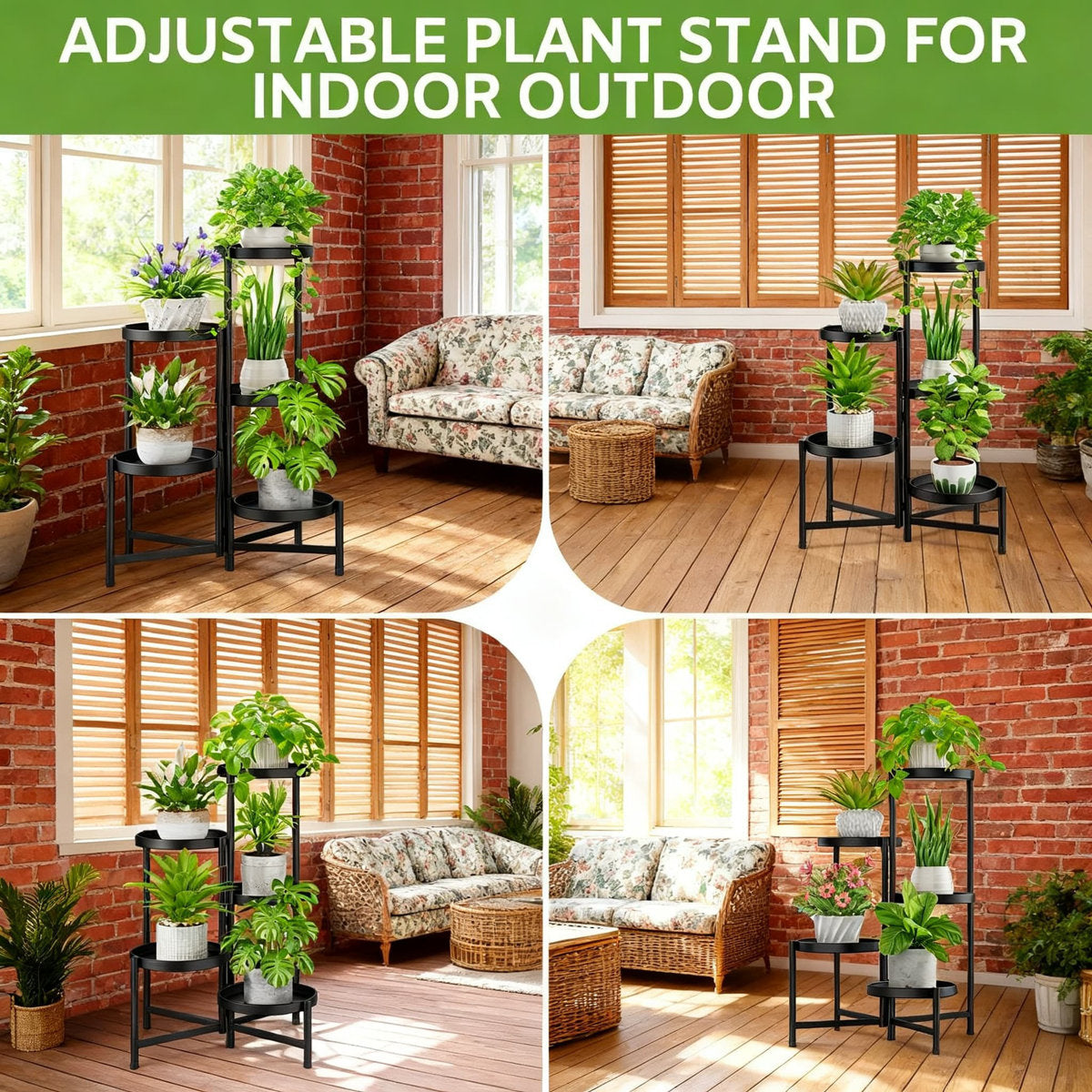 Creative multi-tier metal plant stand with black round shelves, holding multiple indoor potted plants, placed beside a leather sofa in a living room.