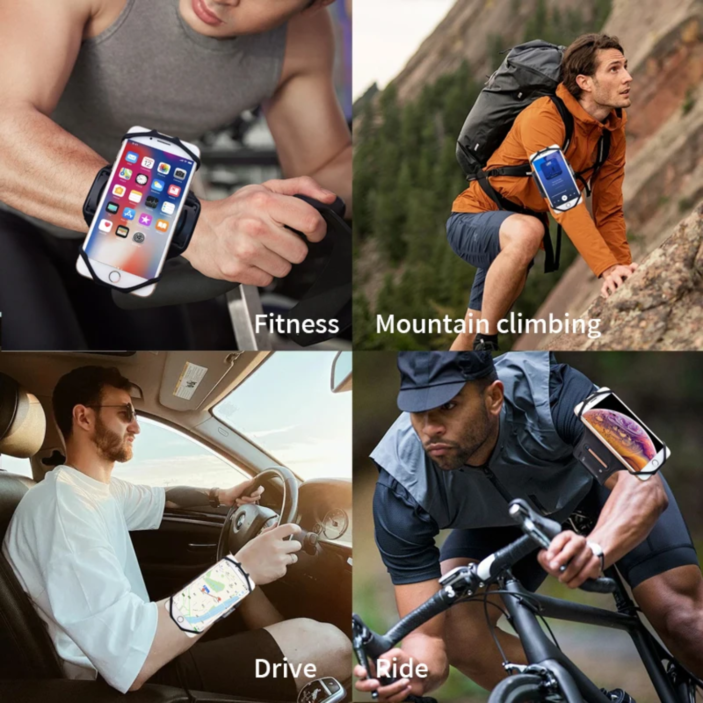 Different person are wearing a sports armband phone holder on their upper arm at different occassions.