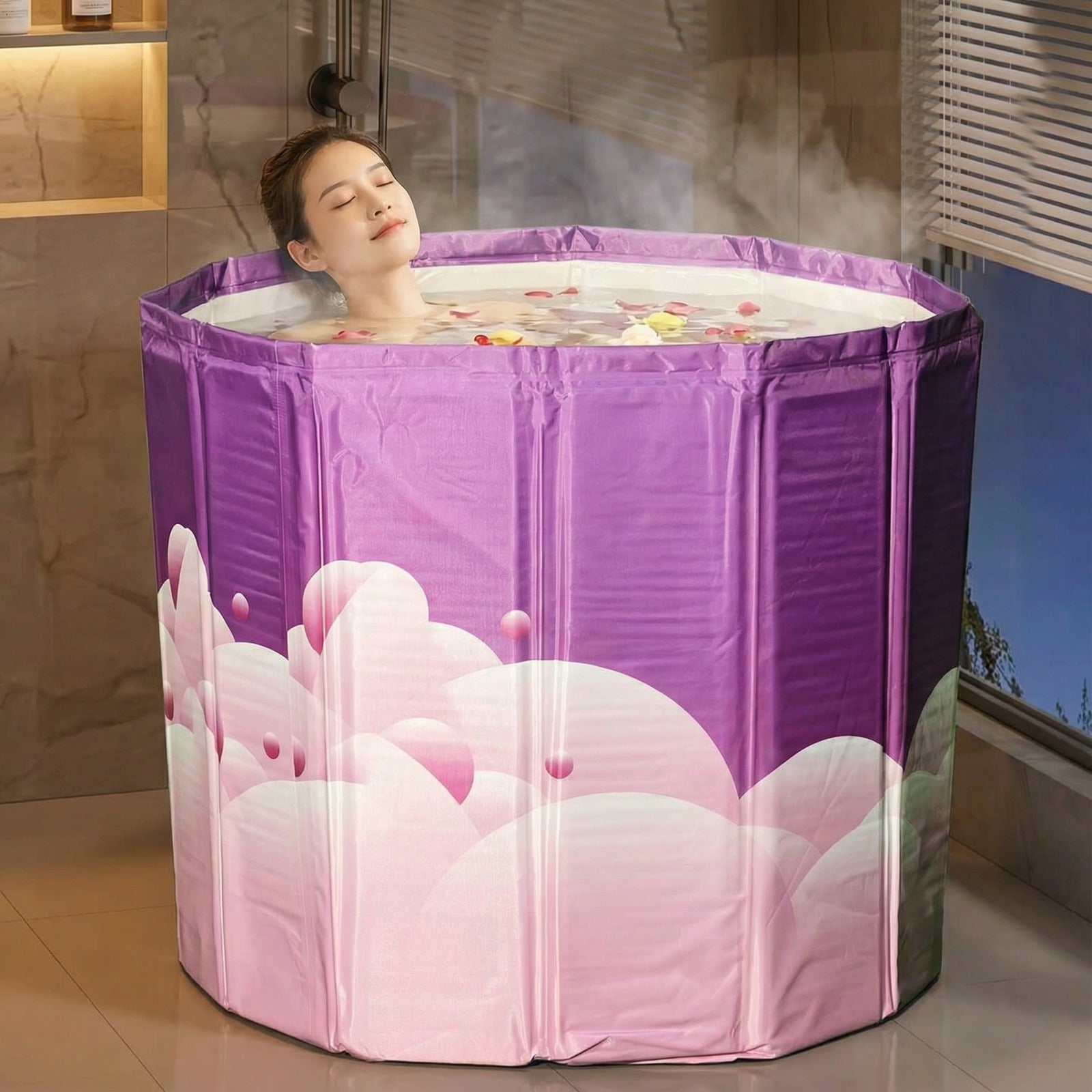A woman is relaxing in a portable adult bathtub.