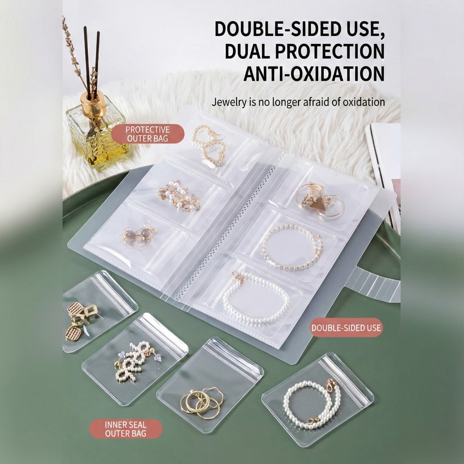 A transparent jewelry storage book with multiple clear pocket sleeves displaying neatly organized earrings, bracelets, and rings.